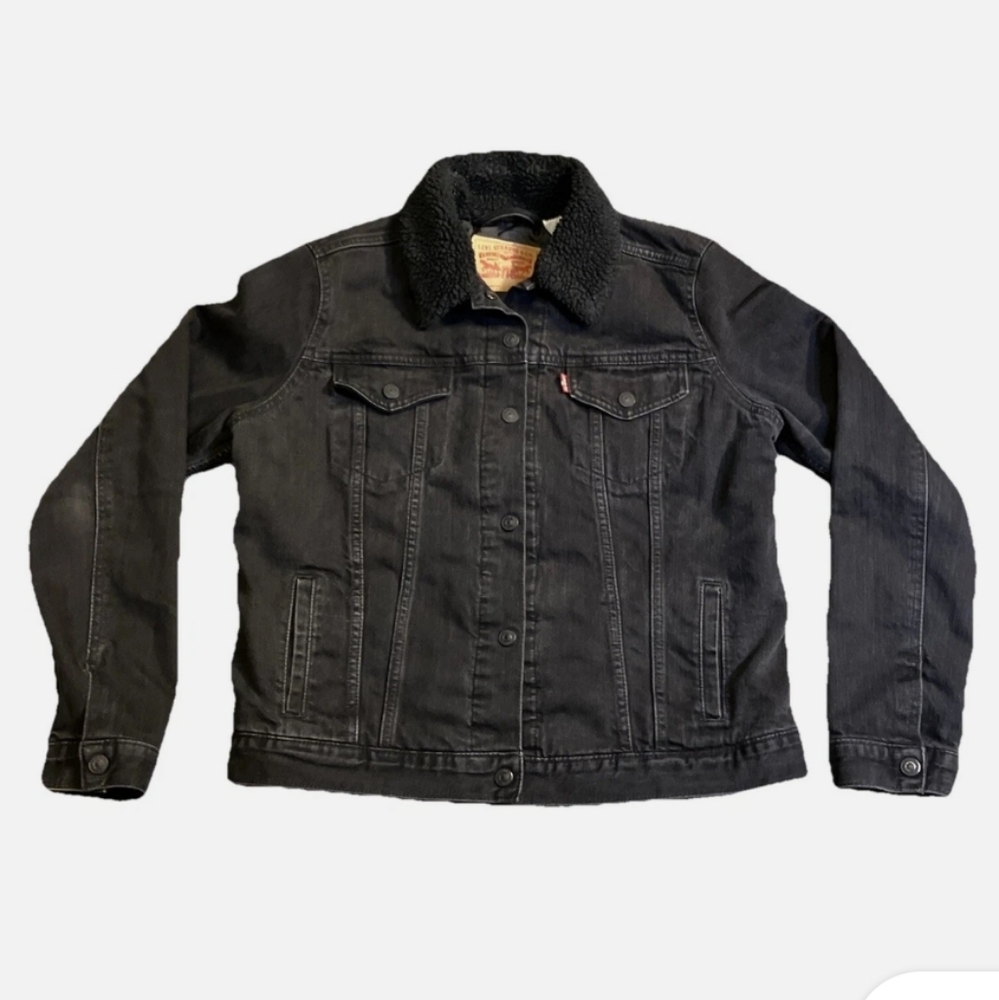Levi's Black Womens Trucker Denim Jacket Sherpa Collar Warm Snap Buttons NWOT